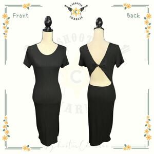 21 Saints Ribbed Bodycon Midi Dress Twist Back Cutout Black Women's Size Large